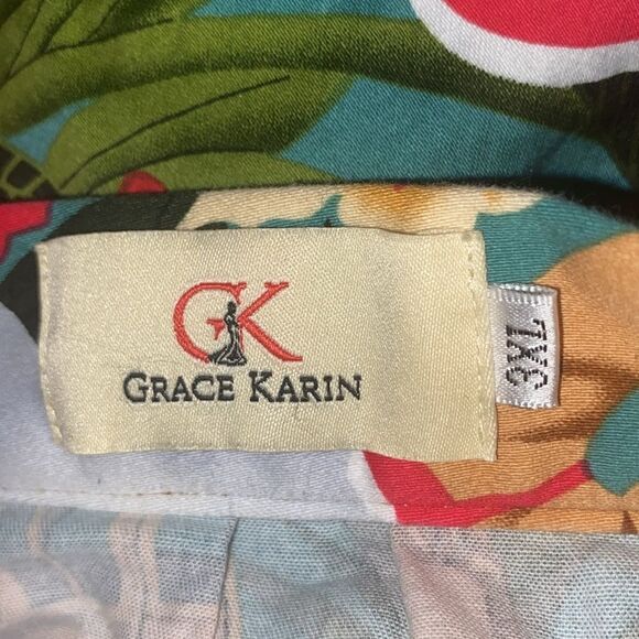 Grace Karin Wm’s Sz 3XL Coral Tan Aqua Retro Pinup Hawaiian Print A-Line Skirt - Picture 5 of 6